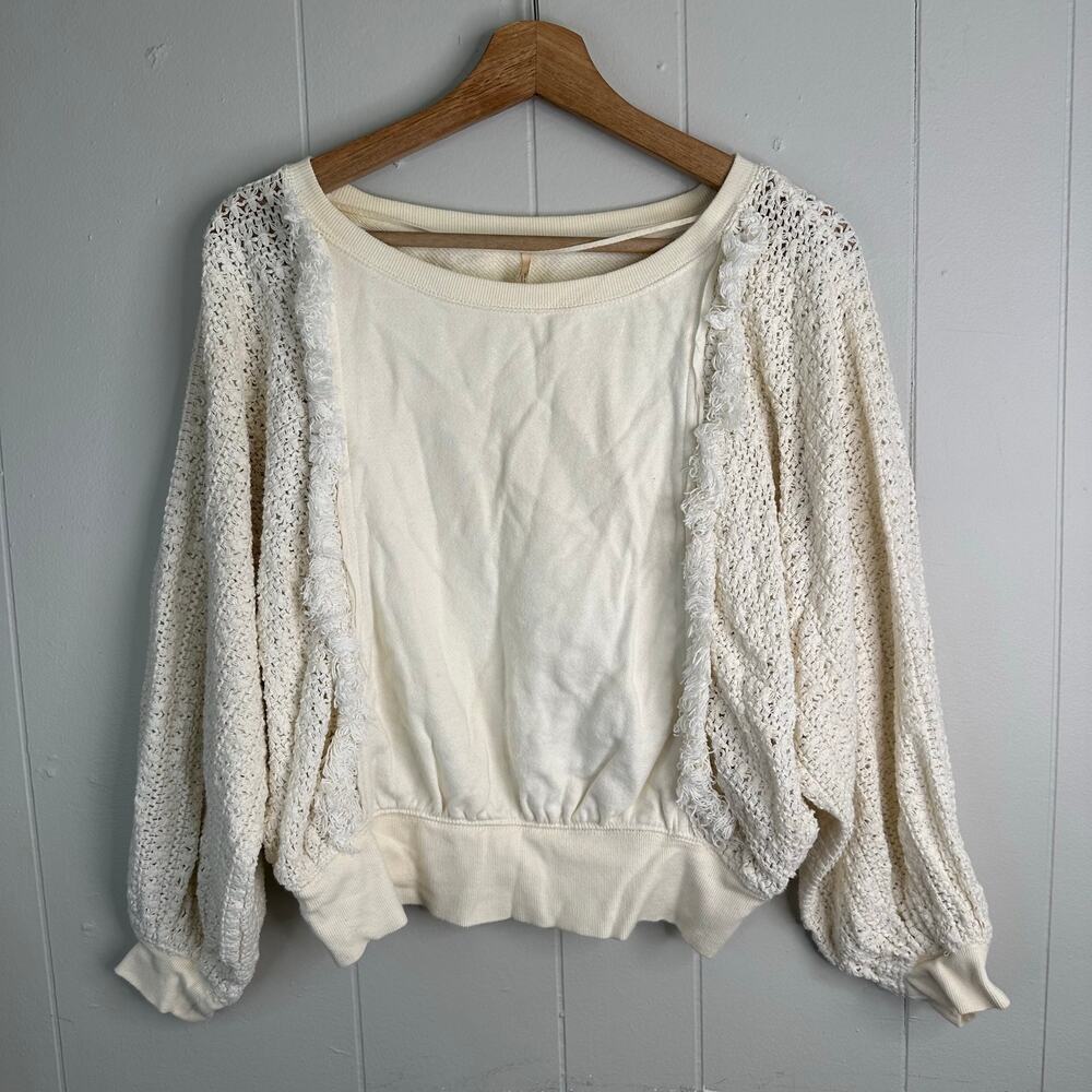 Free People XS Cream Faff and Fringe Pullover Crochet Sleeve Boho Top